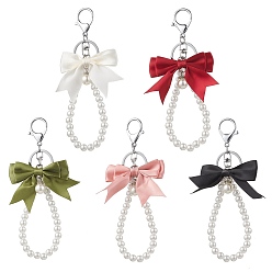 (52) Непрозрачная лаванда 5 шт. 5 цвета полиэстеровые брелки с бантом, Брелки с круглыми бусинами из искусственного жемчуга из АБС-пластика и застежкой-карабином из железного сплава, платина, разноцветные, 170 мм, 1 шт / цвет