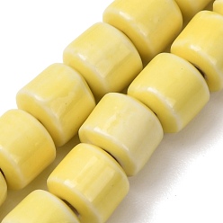 Amarillo Cuentas de porcelana hechas a mano, porcelánico esmaltado brillante, barril, amarillo, 10x10 mm, agujero: 3 mm, sobre 40 unidades / cadena, 14.96'' (38 cm)