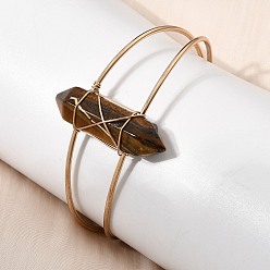 Тигровый глаз Браслеты-манжеты для женщин из натурального тигрового глаза с шестигранными наконечниками, обмотанные латунной проволокой., внутренний диаметр: 2.34x1.79 дюйм (5.95x4.55 см)