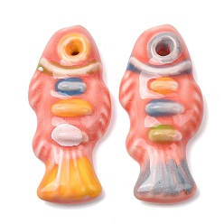 Salmon Handmade Porcelain Big Pendants, Hand Painted, Famille Rose Porcelain, Fish Charms, Salmon, 65x29x11mm, Hole: 4.5mm