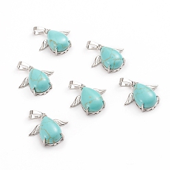 Синтетическая Бирюза Синтетические бирюзовые подвески, с латунными кабошонами, окрашенные, слеза, с крылом, бирюзовые, 23~23.5x25x8~9 мм, отверстие : 8x5 мм