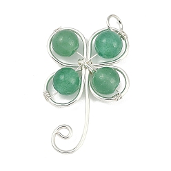 Зеленый Авантюрин Подвески из натурального зеленого авантюрина с клевером, обмотанные медной проволокой, клевер амулеты, серебряный цвет гальваническим, 28.5x20x6.5 мм, отверстие : 3.5 мм