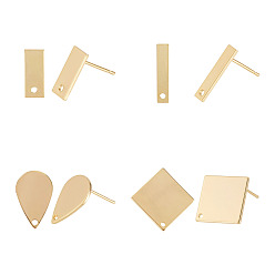 Real 18K Gold Plated 8Pcs 4 Styles Brass Stud Earring Findings, Mixed Shape, Real 18K Gold Plated, 12~21x5~20.5mm, Hole: 1.2mm, Pin: 12x0.8mm, 2pcs/style