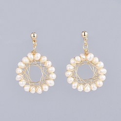 Real 18K Gold Plated Natural Freshwater Pearl Dangle Stud Earrings, with Brass Findings, Copper Wire and Plastic Ear Nuts, Flower, Real 18K Gold Plated, 36~37mm, Pin: 0.7mm