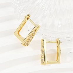 Настоящее золото 18K Прямоугольные серьги-кольца из латуни с микропаве из прозрачных кубических цирконий, без кадмия и без свинца, реальный 18 k позолоченный, 17x13x7.5 мм