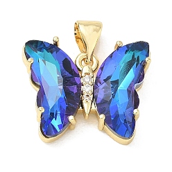 Blue Brass Micro Pave Clear Cubic Zirconia Pendants, with Glass, Butterfly Charms, Lead Free & Cadmium Free, Long-Lasting Plated, Rack Plating, Real 18K Gold Plated, Blue, 15x19x5mm, Hole: 5x3.5mm