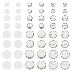 Platinum 100 Sets 4 Styles Flat Round Sublimation Blank Badge Button Parts, Iron Brooch Base Settings with Plastic Flake, Platinum, 23~48x3.5~7.5mm, 25sets/style