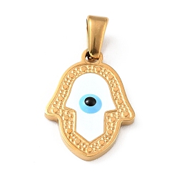 Golden PVD Vacuum Plating 304 Stainless Steel Pendants, Long-Lasting Plated, with Enamel, Hamsa Hand with Evil Eye, Golden, 18x13x2mm, Hole: 4.5x2.5mm