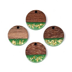 Зеленый лайм Подвески из непрозрачной смолы и орехового дерева, плоские круглые прелести, с блестящей пудрой и золотой фольгой, зеленый лайм, 19x3~3.5 мм, отверстие : 2 мм