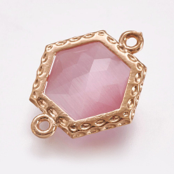 Бледно-Розовый Граненые соединители звеньев кошачий глаз, с латунной найти, золотой свет, шестиугольник, розовый жемчуг, 18x14.5x5 мм, отверстие : 1 мм