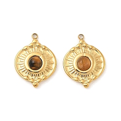 Тигровый глаз Природных тигровый глаз подвески, с 304 фурнитурой из нержавеющей стали, ионное покрытие (ip), плоские круглые прелести, реальный 18 k позолоченный, 17x12.5x4 мм, отверстие : 1.2 мм