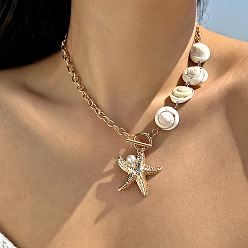 Золотой Ожерелья с подвесками из сплава и пластика с жемчугом и натуральными ракушками, форма раковины и морская звезда, золотые, 16.54 дюйм (42 см)