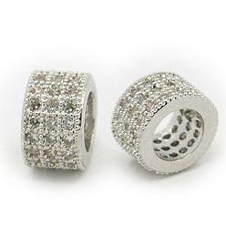 Platinum Brass Cubic Zirconia European Beads, Column, Platinum, 5x8mm, Hole: 4mm