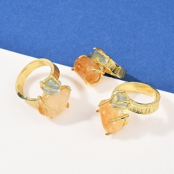 Золотой Кольца-манжеты с натуральным желтым кварцем и аквамарином, латунные регулируемые кольца для женщин, долговечный, золотые, золотые, 18~22 мм, внутренний диаметр: 17.5~18 мм