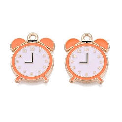 Coral Alloy Enamel Pendants, Clock Charms, Light Gold, Coral, 19.5x16x1mm, Hole: 1.8mm