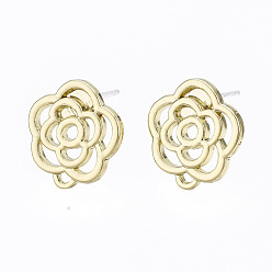 Light Gold Alloy Stud Earring Findings, with Loop and Steel Pin, Flower with Plastic Protective Cover, Light Gold, 13.5x12mm, Hole: 1mm, Pin: 0.7mm