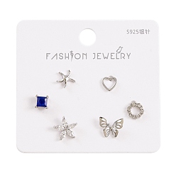 Платина 6 серьги-гвоздики из латуни с прозрачным цирконием, шт., с 925 штырями стерлингового серебра, сердце, звезда, бабочка, морская звезда и кольцо, платина, 5.5~8.5x5.5~9 мм