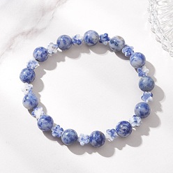 (306FM) Жонкиль матовый с лаймовой подкладкой Браслеты из натуральной голубой яшмы с бусинами, эластичные браслеты для женщин, круглый и сливовый цветок, внутренний диаметр: 2.01 дюйм (5.1 см)