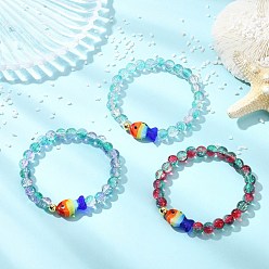 Mixed Color Two Tone Crackle Glass & Handmade Lampwork Beads Stretch Bracelets for Women, Fish & Round, Mixed Color, Inner Diameter: 2.20 inch(5.6cm)