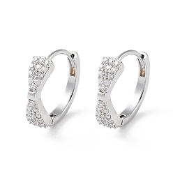 Real Platinum Plated Brass Micro Pave Cubic Zirconia Hoop Earrings, Bowknot, Real Platinum Plated, 12.5x4mm