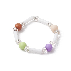 Colorful Round Acrylic & Glass Bugle Beads Stretch Rings for Women, with Elastic Crystal Thread, Colorful, 4mm, Inner Diameter: 20mm