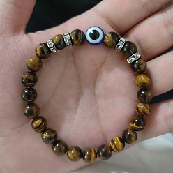 Тигровый глаз Браслеты из натуральных бусин тигрового глаза для женщин и мужчин, злые глаза, 7-7/8 дюйм (20 см), бусины : 8.4 мм