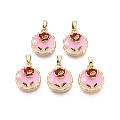 Бледно-Розовый Латунь эмаль подвески, плоские круглые и цветочные подвески, с ABS имитации жемчуга, реальный 18 k позолоченный, розовый жемчуг, 16x13.5x5 мм, отверстие : 5x2.5 мм