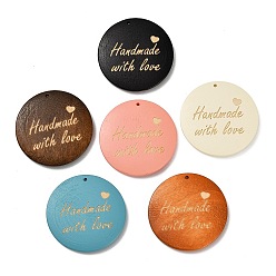 (52) Непрозрачная лаванда Древесины подвески, Плоские круглые подвески с надписью «Сделано с любовью», разноцветные, 39.5~40.5x5~5.5 мм, отверстие : 1.4 мм
