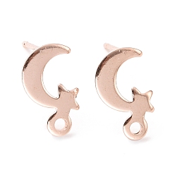 Real Rose Gold Plated 201 Stainless Steel Stud Earring Findings, with Horizontal Loop and 316 Stainless Steel Pin, Moon and Star, Real Rose Gold Plated, 11x7mm, Hole: 1.4mm, Pin: 0.7mm