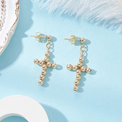 Настоящее золото 18K Серьги-гвоздики с крестом из латуни, с 304 серьгами из нержавеющей стали, реальный 18 k позолоченный, 38x17 мм