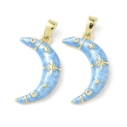 Небесно-голубой Латунь микропаве фианиты с подвесками из эмали, луна, реальный 18 k позолоченный, голубой, 21x13x4 мм, отверстие : 2.4x4.5 мм