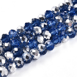 Королевский синий Гальванизируйте прозрачное стекло бисер нитей, с половиным покрытием серебряным, граненые, рондель, королевский синий, 8x6 мм, отверстие : 1 мм, около 60~62 шт / нитка, 39~40 см