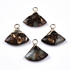 Aqua Terra Jasper Fan Assembled Synthetic Bronzite and Aqua Terra Jasper Pendants, with Iron Loop and Light Gold Plated Brass Top, 18~19x18~19x5~6mm, Hole: 2mm