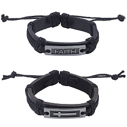 Черный 2шт. 2 стили браслет из сплава с крестом и словом веры, регулируемый браслет из искусственной кожи на шнурке для женщин, чёрные, внутренний диаметр: 2-1/8~3-3/4 дюйм (5.5~9.5 см), 1 шт / стиль