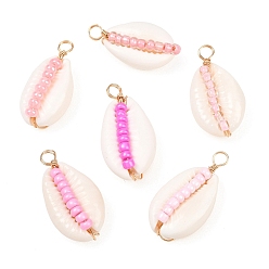 Pink 6 шт. 6 стильные подвески из натуральной ракушки каури и стеклянного бисера, подвески в форме ракушек, розовые, 29x16x10 мм, отверстие : 2 мм, 1 шт / стиль