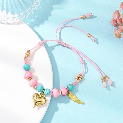 Pink Браслеты с подвесками в виде крыла из сплава и 304 из нержавеющей стали в форме объемного сердца, Женские регулируемые плетеные браслеты из натурального розового кварца, окрашенной синтетической императорской яшмы, зеленой бирюзы и стеклянных бусин, розовые, внутренний диаметр: 1-1/4~2-7/8 дюйм (3.3~7.35 см)