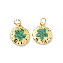 Средний Морско-зеленый Латунь эмаль прелести, с целью перехода в кольце, стойки покрытие, долговечный, без кадмия и без свинца, плоская круглая с подвеской в виде цветка, реальный 18 k позолоченный, средний морской зеленый, 14.5x12.5x2.5 мм, отверстие : 3 мм