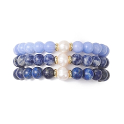 Смешанные камни 3 Наборы браслетов из круглых бусин натуральной голубой яшмы с пятнами, окрашенного синего кружевного агата, лазурита и жемчуга, внутренний диаметр: 2-1/8 дюйм (5.5 см)