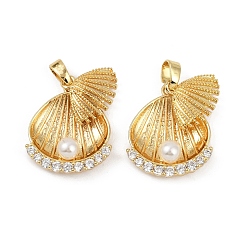 Настоящее золото 18K Латунные микро проложить кубического циркония подвески, без кадмия и без свинца, формы раковины, с абс пластмассовой имитационной жемчужиной, реальный 18 k позолоченный, 19x16.5x5.5 мм, отверстие : 2.7x2.5 мм