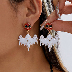 Ghost Halloween Alloy Enamel & Rhinestone Stud Dangle Earrings, Golden, Ghost, 50x35mm