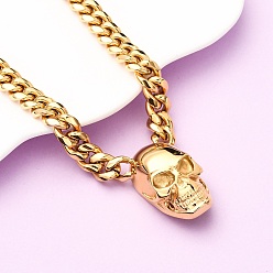 Настоящее золото 18K 304 кулон из нержавеющей стали с черепом, кубинские звенья цепи ожерелья, ионное покрытие (ip), реальный 18 k позолоченный, 23.78 дюйм (60.4 см)