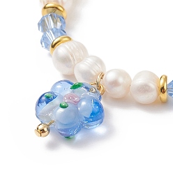 Cornflower Blue Lampwork Flower Charm Bracelet, Natural Pearl & Glass Beaded Dainty Bracelet for Women, Cornflower Blue, 7-1/2 inch(19cm)