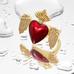 Красный Манжеты из латуни с микро паве кубический цирконий для женщин, сердце с короной и крылом, красные, внутренний диаметр: 16мм~18мм
