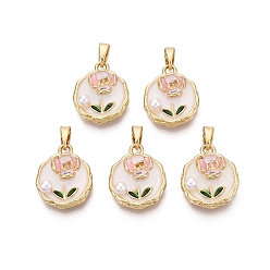 Белый Латунь эмаль подвески, плоские круглые и цветочные подвески, с ABS имитации жемчуга, реальный 18 k позолоченный, белые, 16x13.5x5 мм, отверстие : 5x2.5 мм