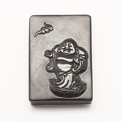 Obsidian Carved Natural Obsidian Pendants, Rectangle with Buddha, 42x29x9mm, Hole: 1.5mm