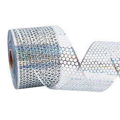 Silver PVC Plastic Ribbon, for Gift Package, Laser Hollow Round Holes Ribbon, Silver, 3-1/4 inch(83mm), about 50.00 Yards(45.72m)/Roll