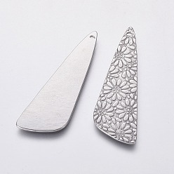 Stainless Steel Color 304 Stainless Steel Pendants, Triangle with Flower, Stainless Steel Color, 40x13x1mm, Hole: 1mm