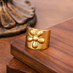 Золотой 304 открытые кольца манжеты из нержавеющей стали, цветок, золотые, внутренний диаметр: 15~20 мм