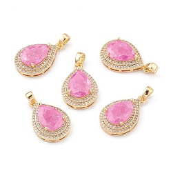 Ярко-Розовый Позолоченная латунь с микропаве из прозрачного кубического циркония, со стеклом, долговечный, с кнопкой на поруки, слеза, ярко-розовый, 24.5x16x7.5 мм, отверстие : 3x5 мм
