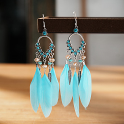 Голубой Серьги-люстры из сплава горного хрусталя в форме капли, с пером, античное серебро, голубой, 122 мм